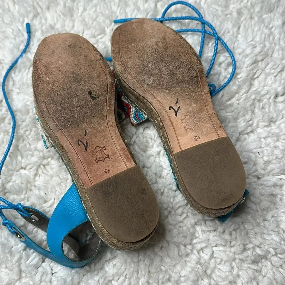 Sam Edelman Colorful Patterned Beaded Women Sandals Lace Up Espadrille Platform